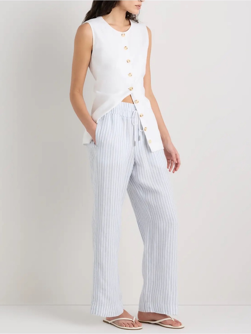 Quince Light Blue & White Striped Wide-Leg Linen-Blend Pants - Picture 4 of 10